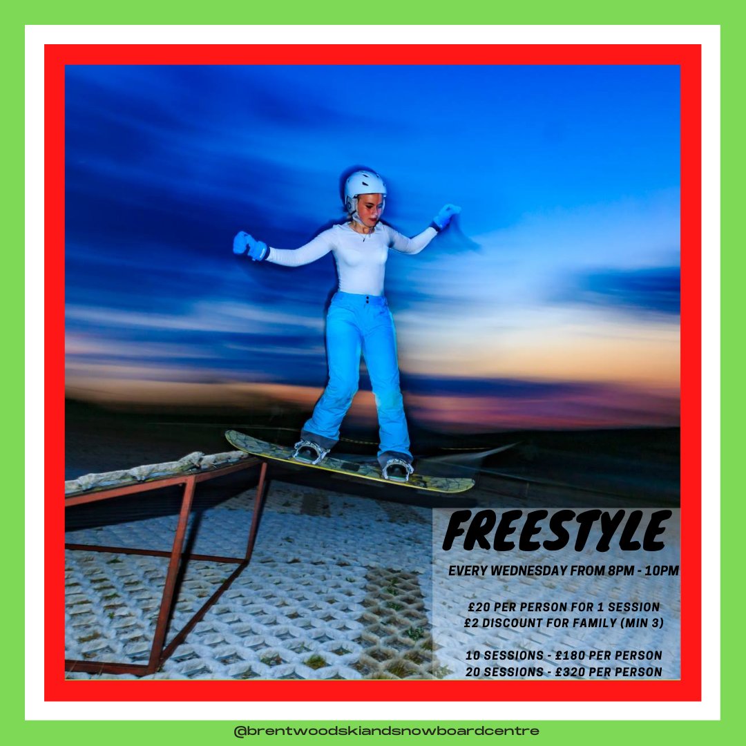 FREESTYLE
For Skiers or Snowboarders.
Prior experience required.

Every Wednesday from 8pm - 10pm

To participate you must have your own equipment as well as protective wear. 

Pre-bookings only.

Call 01277 211994 for bookings.