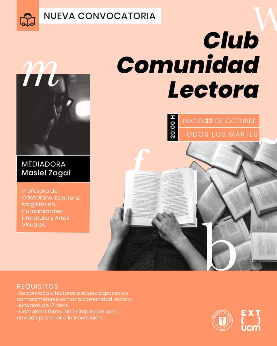 Hasta mañana pueden inscribirse en la segunda versión del Club Comunidad Lectora, que Masiel Zagal realiza en EXT UCM. Solo debes entrar a este link: forms.gle/hCSBx1McmGk9NJ… <a href="/ucatolicamaule/">U.Católica del Maule</a>  #TuUniversidad