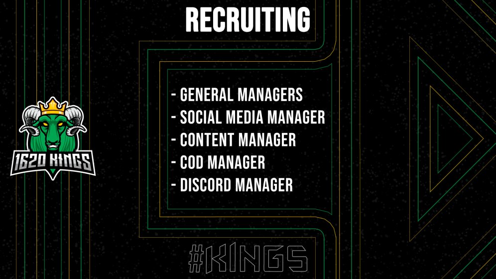 [#STAFFRECRUITMENT]

Due to our recent growth
We're now on the look out for:

- General Managers 
- Social Media Manager
- Content Manager
- COD Manager 
- Discord Manager

If you have passion for Esports and have experience in these positions. 

Please DM us with your resume!