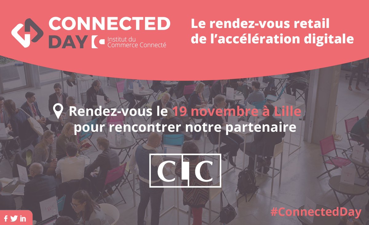 [#CONNECTEDDAY 2020] Retrouvez <a href="/CIC/">CIC</a>, partenaire du Connected Day, le rendez-vous retail de l'accélération digitale, le 19 novembre à Lille. Inscrivez-vous dès maintenant : lnkd.in/diQaR46
#iccstartupawards #retail #retailtech #retailers
