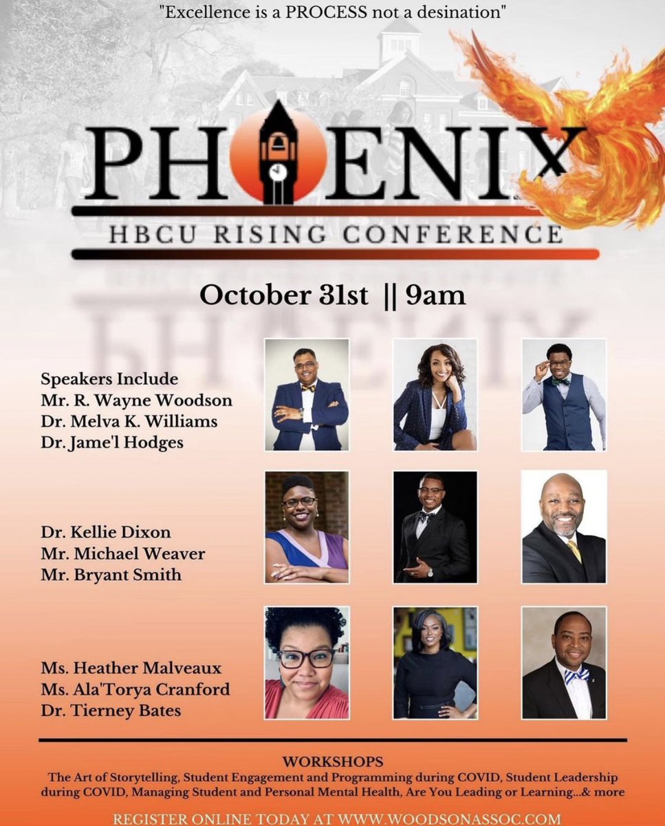 AVCranford's tweet photo. Grateful to share in a conference focused solely on HBCUs! Saturday, October 31, 2020, join us for the Inaugural Phoenix: HBCU Rising Conference. For 🔗visit bio for @woodsonassoc to register. Faculty, Staff, Administrators $25/Students $5. #hbculeadership #HBCUconference https://t.co/oIDgio5v8Y