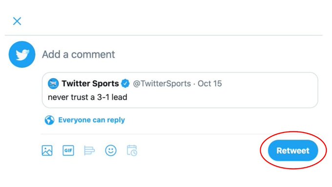 Tweet compose box left blank, Retweeting a @TwitterSports Tweet that reads, "Never trust a 3-1 lead." 

The Retweet button in the bottom right corner is circled in red.