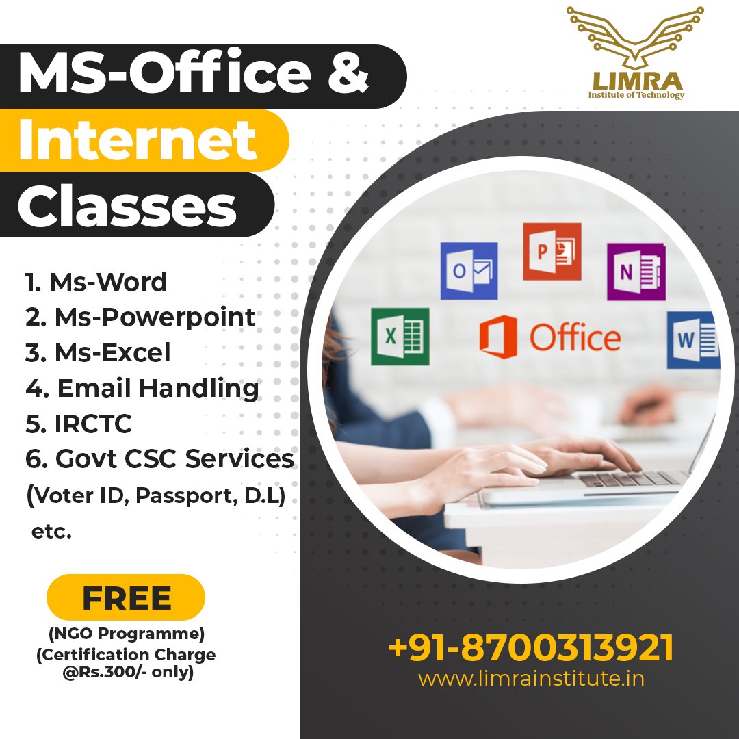 LimraInstitute's tweet photo. Learn MS-Office &amp; Internet Classes :- Ms-Word, Ms-Powerpoint, Ms-Excel, Email Handling, IRCTC, Govt CSC Services etc. @ Free of Cost only Certification Charge Rs.300/-. Fill this Form to Enroll :- https://t.co/mCoZZ3qbbi
Contact Us:- +91- 8700313921 https://t.co/ljN7sNIPIc