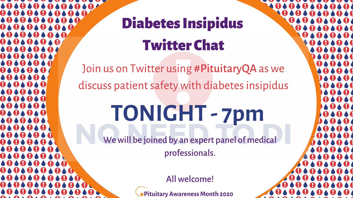Pituitary_org's tweet photo. Who's joining us tonight? We'll be discussing how to improve patient safety for people with the rare condition diabetes insipidus #PituitaryQA #MedTwitter #NoNeedToDI https://t.co/2azxdSPT7s
