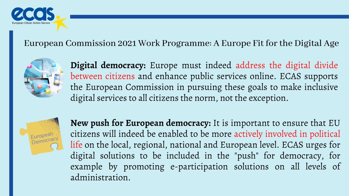 ecas_europe's tweet photo. Exploring more fully the potential of #ICT can reduce the gap between political elites & EU citizens.
ECAS welcomes @EU_Commission ongoing efforts to enhance digitalisation💻throughout the Union, as put forward in the 2021 #ECWorkProgramme.
Some of our take-aways⬇️
(1/2) https://t.co/yBolofOE4H