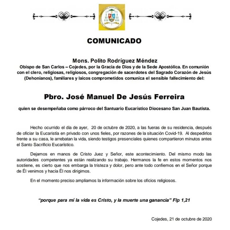 CEVmedios's tweet photo. Comunicado de Mons. Polito Rodríguez, Obispo de la Diócesis de San Carlos ante el asesinato del Pbro. José Manuel de Jesús Ferreira. https://t.co/HQ1fMlquEZ