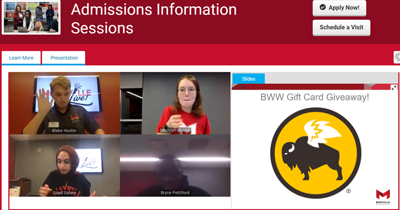 PlatformQedu's tweet photo. How 🔥 was @MaryvilleU 's student panel last night? Loved seeing current students sharing interesting info with the crowd while doing a hot wing challenge! Great virtual event showing the fun side of college. #PlatformQPartner #Admissions # https://t.co/l6BHPipAmy