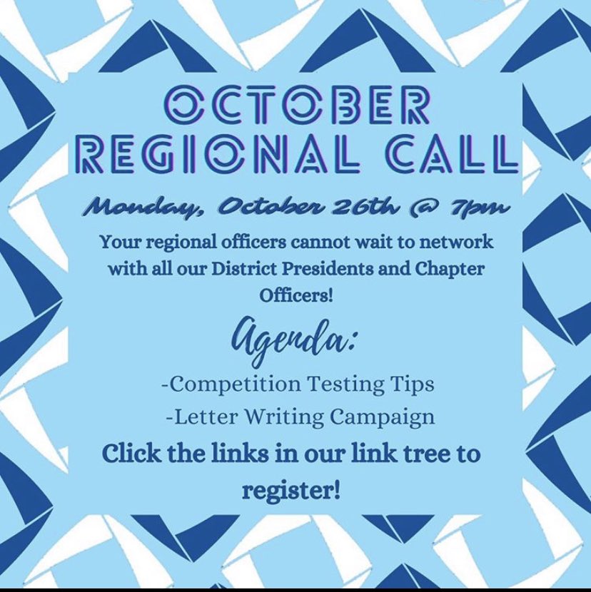 We’re so excited for our October Regional Call! 
Districts Presidents &amp; Chapter officers, join us to discuss Competition Tips and our Letter writing campaign! We can’t wait to see you on Monday October 26th at 7pm! Register in the linktree! #VADECAALLIN
