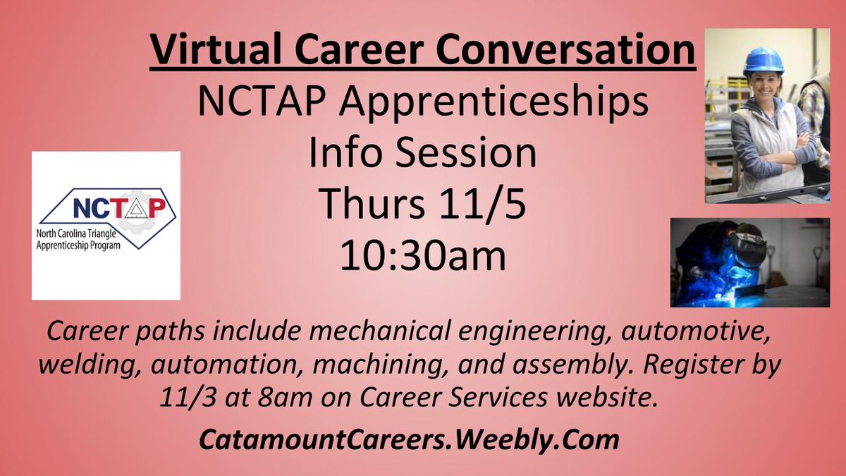 🚨CAREER CONVERSATION ALERT🚨
Join us for an info session on <a href="/NCTAP1/">NCTAP</a> apprenticeships‼️
🐾#CatamountCareers
