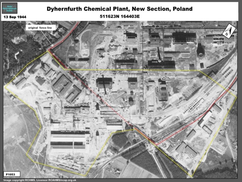 Under a dodgy shell company called Anorgana, Ambros built a factory in Dyhernfurth, in Silesia (now in Poland) to mass produce the nerve agent Tabun and fill it into aerial bombs and artillery shells. Here's an aerial photo