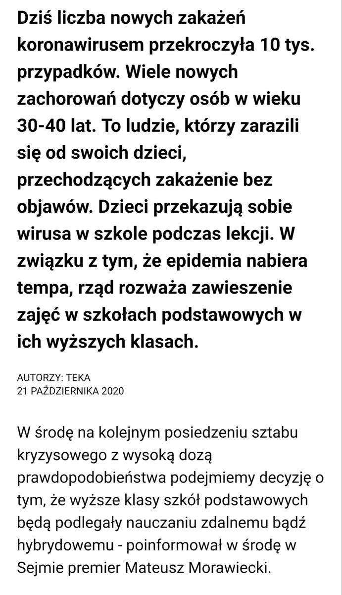Premier @MorawieckiM zapowiada nauczanie zdalne i hybrydowe w wyższych klasach podstawówek.👏
Decyzja zapadnie dziś po południu.
Wielu nowych chorych to 30,40-latkowie rodzice, którzy zarażają się od dzieci.
Spadł na mnie niewiarygodny hejt, gdy o tym pisałam.
Może PRZEPRASZAM? https://t.co/wJlidV8KVi