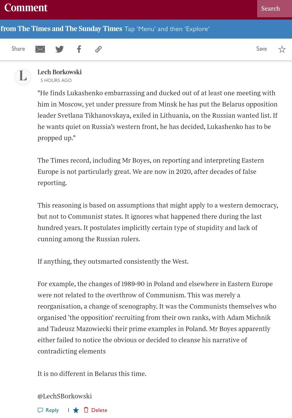 Lech S Borkowski comment in The Times 21 October 2020