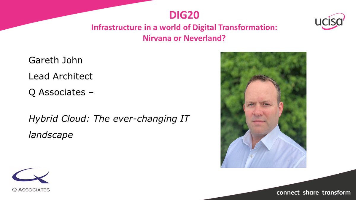 Join us (for free!) at DIG20 where Gareth John will be exploring benefits &amp; challenges with migrating workloads to the cloud &amp; the shift towards a hybrid multi-cloud model. Bookings here: ucisa.ac.uk/Events/2020/Oc… Thank you to <a href="/qassociates/">Q Associates</a> for supporting #DIG20 <a href="/ucisaig/">UCISA IG</a>