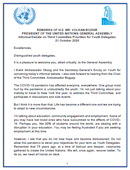 UN_PGA's tweet photo. I thank Ambassador @OlofBSkoog, @EUatUN and @jayathmadw @UNYouthEnvoy for convening today’s debate with @UN Youth delegates. Let us be reminded that this is everyone's #UNGA and together, we can create the United Nations we need for the future we want. Read my full remarks. https://t.co/bHR38N0dWS