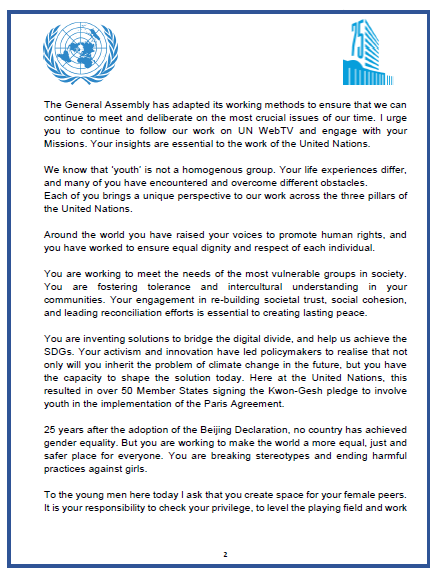 UN_PGA's tweet photo. I thank Ambassador @OlofBSkoog, @EUatUN and @jayathmadw @UNYouthEnvoy for convening today’s debate with @UN Youth delegates. Let us be reminded that this is everyone's #UNGA and together, we can create the United Nations we need for the future we want. Read my full remarks. https://t.co/bHR38N0dWS