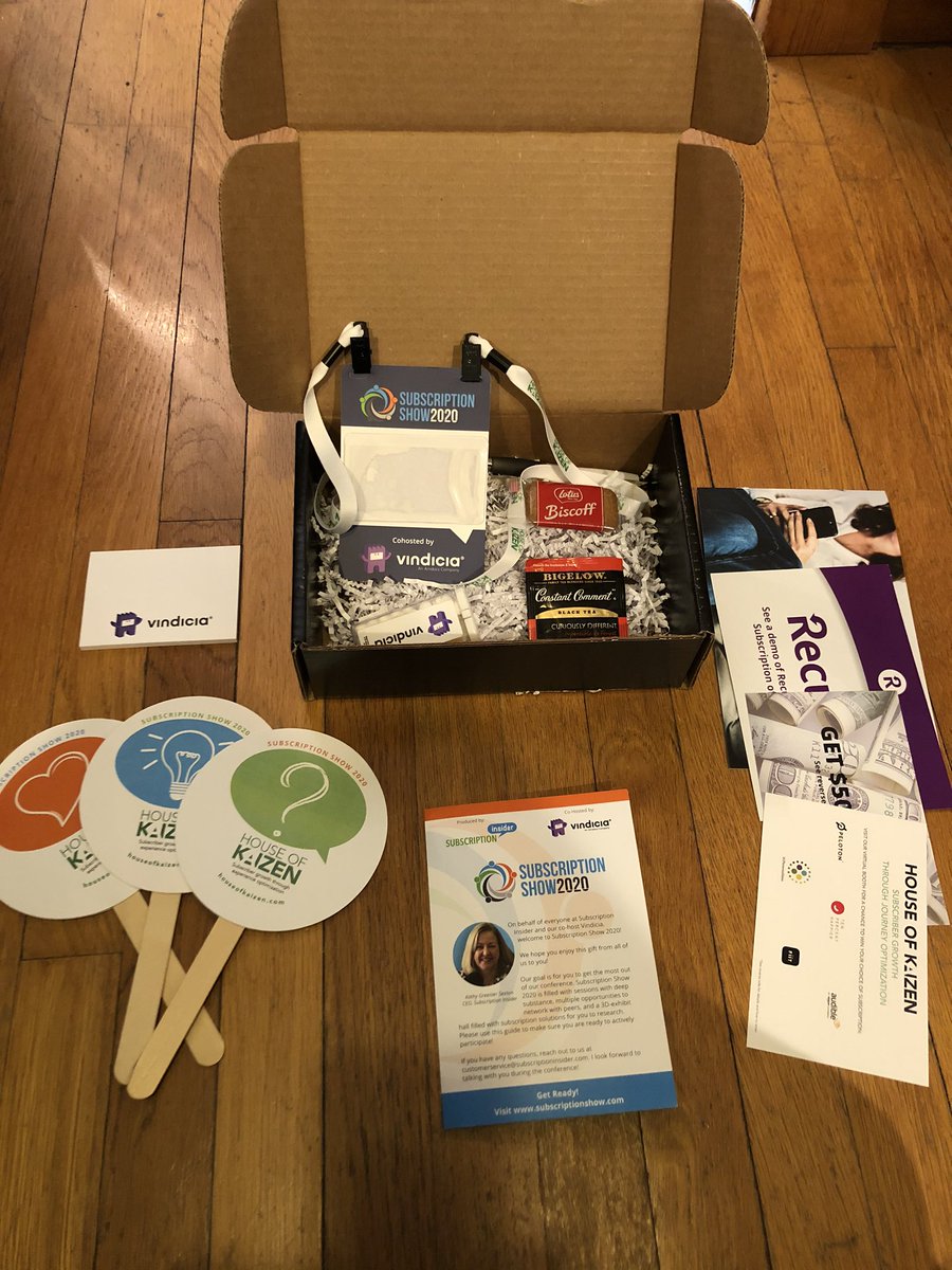 BobbieC's tweet photo. What’s in the box? #virtualevent mailings are fun and useful and you don’t need to drag them home. 11/10 would drink the tea and eat the cookie during the #subscriptionshow @SubInsider #keynote https://t.co/eIQOcEGkFg