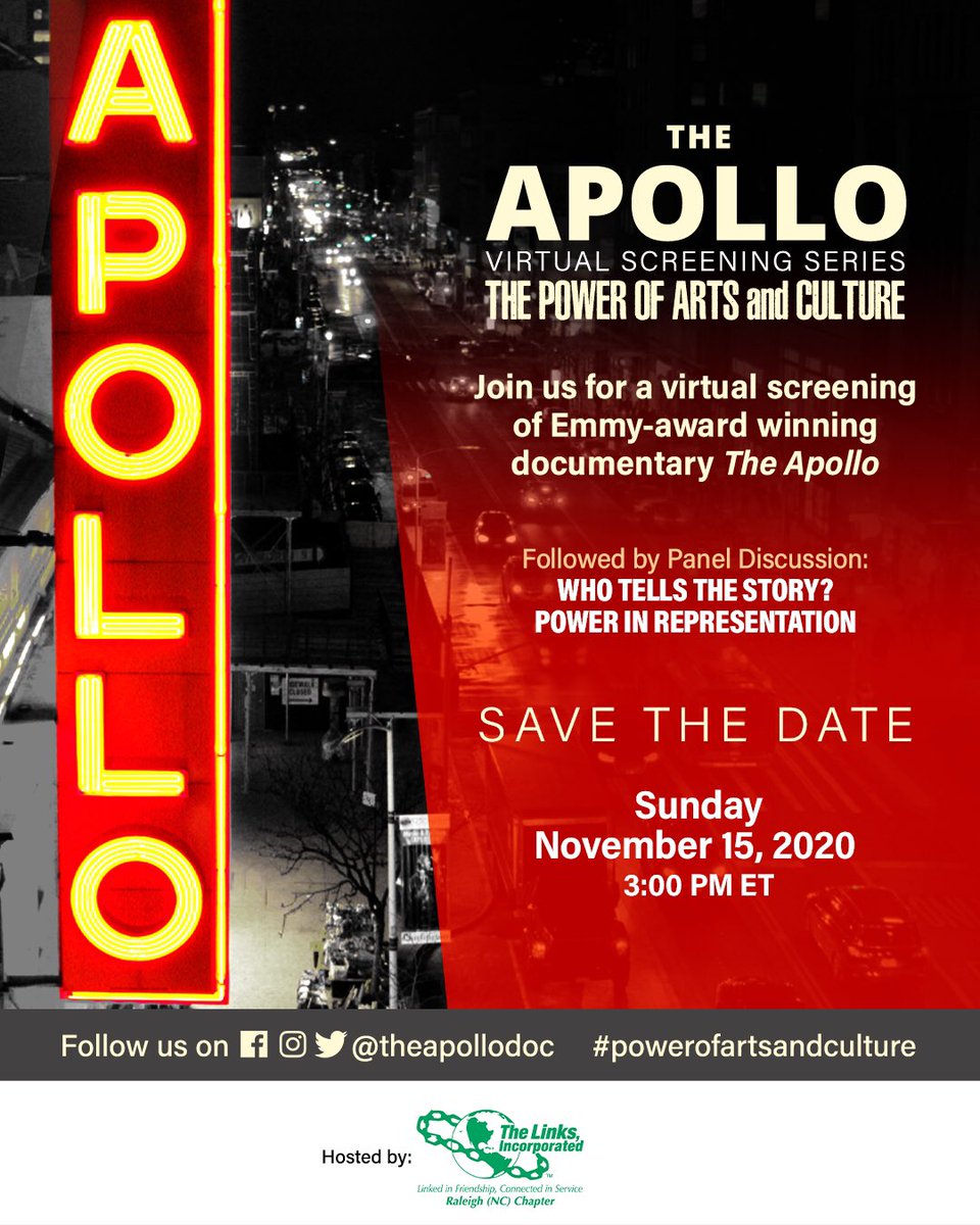 theapollodoc's tweet photo. SAVE THE DATE! The Apollo Virtual Screening Series: The #PowerofArtsandCulture kicks off on Sunday, 11/15 at 3PM ET! Mark your calendars for this special screening of Emmy-award winning, #TheApolloDoc, followed by Panel Discussion: Who Tells The Story? Power in Representation. https://t.co/WaJ2CLV5aB