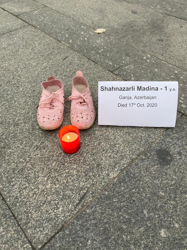 daily_karabakh's tweet photo. A chilling symbol of an innocent life lost forever 🥀 - #Azerbaijan/is in #Prague are bringing awareness to the #Armenia/n #WarCrime/s happening in #GanjaCity and other cities in #Azerbaijan far from the conflict zone. #ArmeniaKillsChildren #ArmeniaKillsCivilians #WarCrimes https://t.co/QE8bLODupo