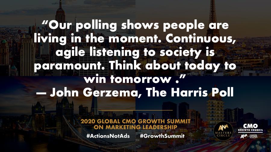 HarrisPoll's tweet image. Our CEO, @johngerzema spoke at the @ANACMOMasters   Global #GrowthSummit, delivering a special curation of insights to help CMOs plan business strategies for the year ahead.

#ActionsNotAds #ANAMasters @ANAmarketers