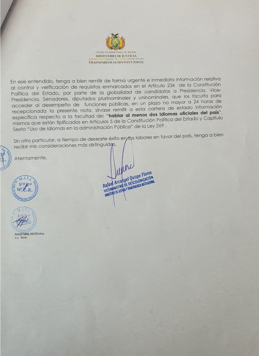TataQuispe's tweet photo. #TataQuispe:
En el marco de mi competencia como Viceministro de Descolonización solicito al @TSEBolivia presente requisitos de todos los candidatos que participaron en las elecciones generales y haber cumplido con el artículo234  "hablar al menos dos idiomas oficiales del país" https://t.co/AR1favjOQf