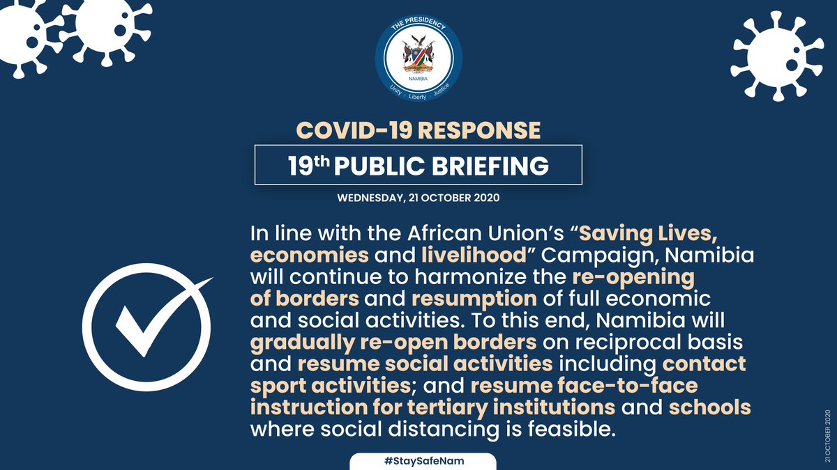 NamPresidency's tweet photo. [UPDATE 2 of 2]: The following are the updated measures that will come into force from 22 October 2020 until midnight, 30 November 2020. The measures below will apply to all 14 regions of the country.
#StaySafeNam https://t.co/ovrzwmAZWw