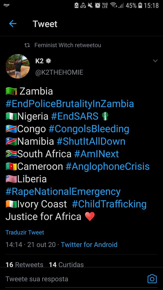 hashtags pra seguir sobre o levante africano
🇿🇲 Zambia #EndPoliceBrutalityInZambia
🇳🇬Nigeria #EndSARS   
🇨🇩Congo #CongolsBleeding 
🇳🇦Namibia #ShutItAllDown 
🇿🇦South Africa #AmINext 
🇨🇲Cameroon #AnglophoneCrisis
🇱🇷Liberia #RapeNationalEmergency
🇨🇮Ivory Coast  #ChildTrafficking