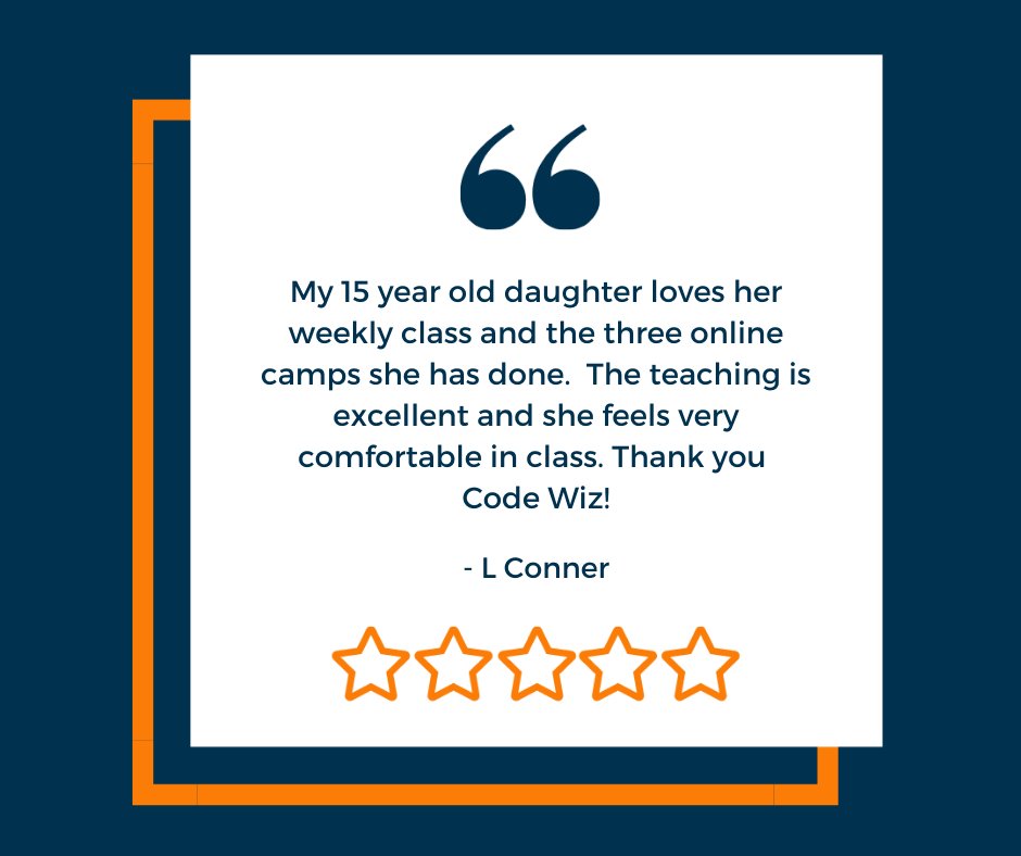 CodeWizWestford's tweet image. We LOVE to hear from you and your kids. Thanks for the kind words from L. Conner from her daughter’s experience in both classes and camps.
Share your Code Wiz experience with us by emailing info@thecodewiz.com! #coding #codewiz #thecodewiz #codingforkids #codingisfun #stem