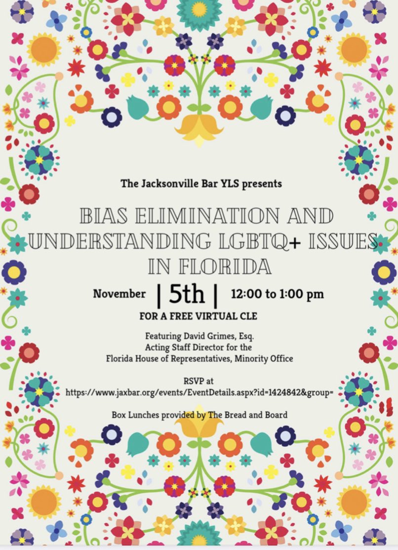 JaxBarYLS's tweet photo. Join us on November 5 for a FREE YLS Lunchtime CLE on Bias Elimination and Understanding LGBTQ+ Issues in Florida with David Grimes. Our CLE would not be complete without scrumptious boxed lunches provided by The Bread and Board!

Register here: https://t.co/lv51BRBMcM https://t.co/p0YYwRlh76