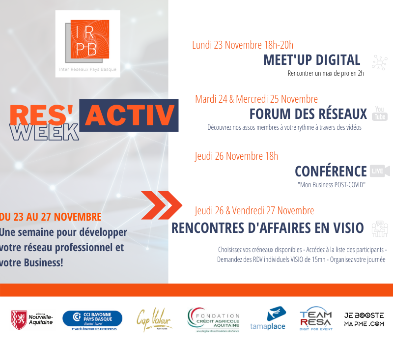 📣Ça Bouge à l'IRPB !!! 📣
Aux vues de la conjoncture actuelle, on ne se laisse pas abattre cher(e) entrepreneur(e). Il est plus que jamais nécessaire de créer du lien et développer son réseau
C'est donc au format digital du 23 au 27/11  que se tiendra notre évènement annuel !