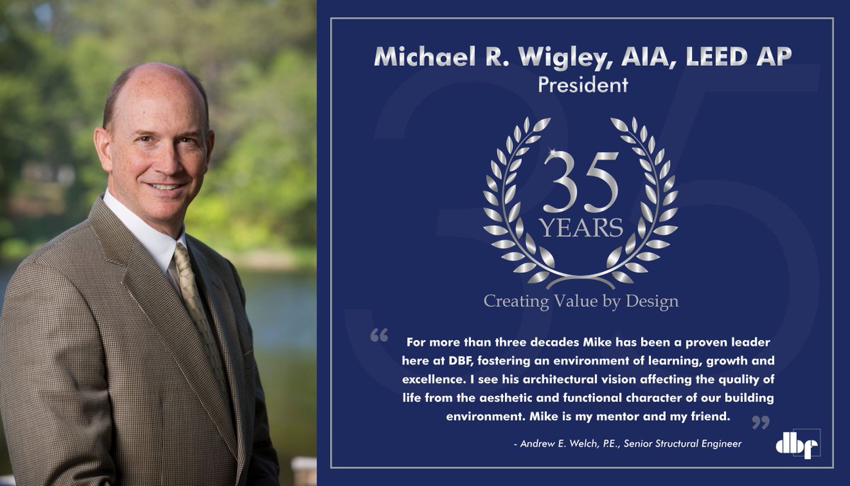 DBFINC83's tweet photo. This month DBF celebrates the significant milestone of two of our longest standing employees, Michael R. Wigley, AIA, LEED AP and Ken B. Eaton, LEED Green Associate, who have been with the firm for a staggering 35 years. #CreatingValueByDesign #35years https://t.co/IQ5LQuPUkm