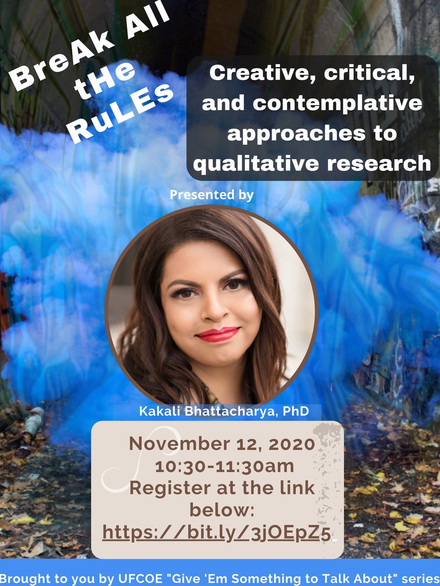 drkakali's tweet photo. I am thrilled to announce our upcoming talks for our new converstion series, “Give ‘Em Something to Talk About: Interactive Dialogues About Justice Oriented Qualitative Research.” Details in posters and comments below. Share as you see fit. #ufqual #ufcoe #critqual #quallove #phd https://t.co/cSEuXLPtCu