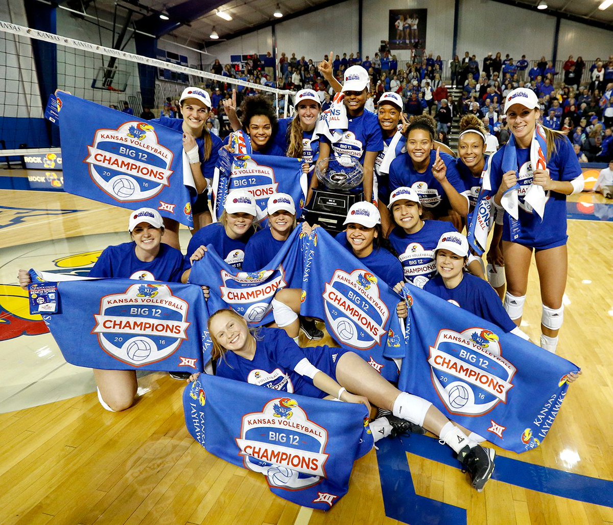 KUVolleyball's tweet photo. 𝑶𝒏 𝑻𝒉𝒊𝒔 𝑫𝒂𝒚: Nov. 19, 2016 #KUvball beat Iowa State in five sets to earn its first Big 12 Championship! https://t.co/ep0uK9rfsZ