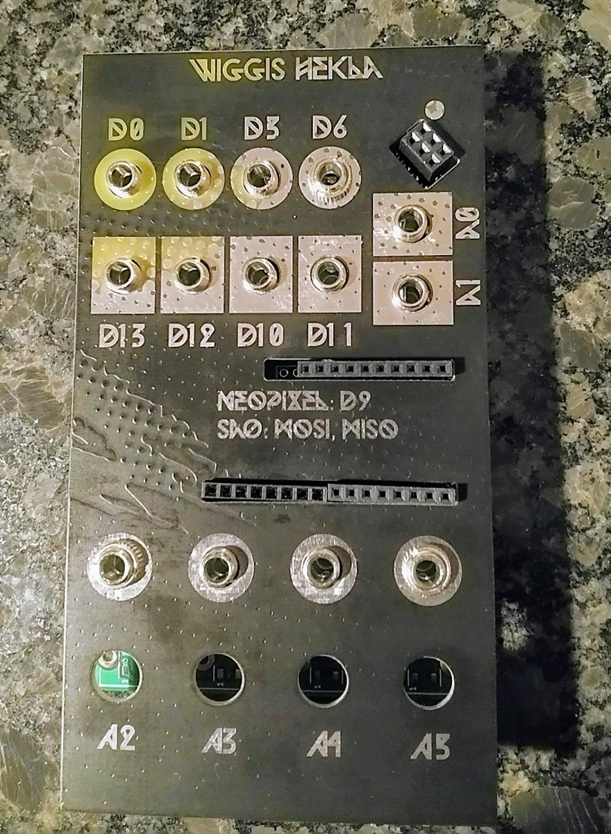 wiggismodular's tweet image. First prototypes arrived, somehow without mounting holes... #eurorack #featherwing.  
For demonstration: FeatherS2 by @unexpectedmaker, a SAO by @kuro_dk.
Built thanks to the blog post about designing the @wntrblm Big Honking button by @theavalkyrie.