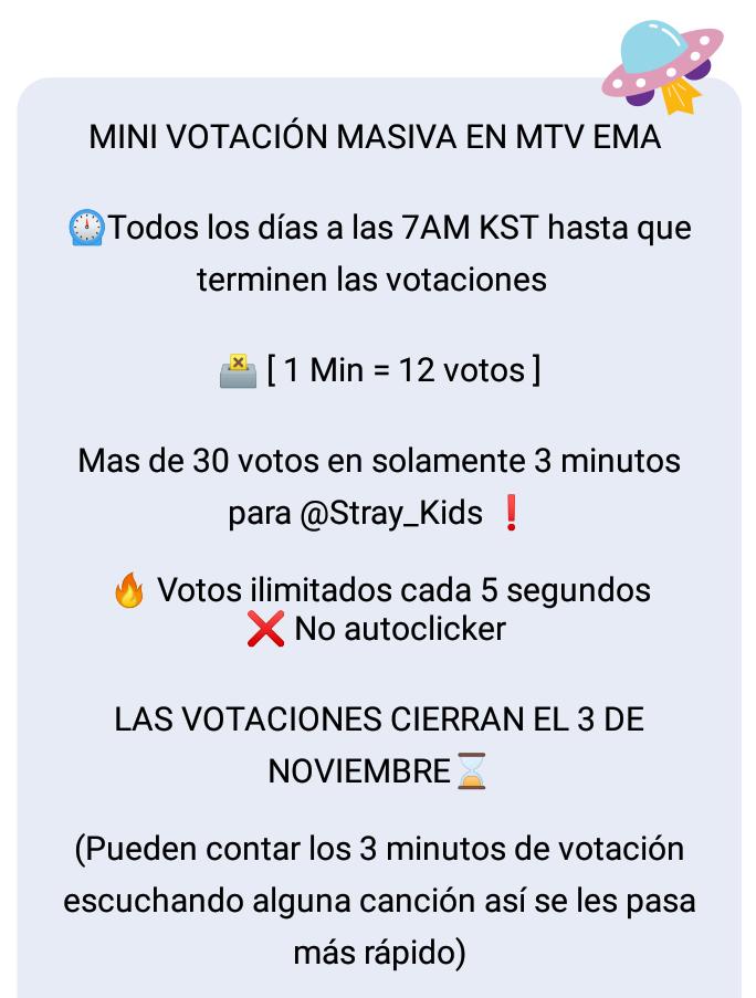 SKZVOTEAM's tweet photo. [ MTV EMA ]

STAYs❗️

A partir de hoy hasta el 3/11, vamos a hacer una votacion masiva todos los días a las 7AM KST en MTV EMA para asegurar darles el premio de Best Korea Act a @Stray_Kids 

Son solamente 3 MINUTOS, por favor participen

🔗https://t.co/Df67CCuXKR

LEAN LA IMAGEN https://t.co/QLir2FOPZu