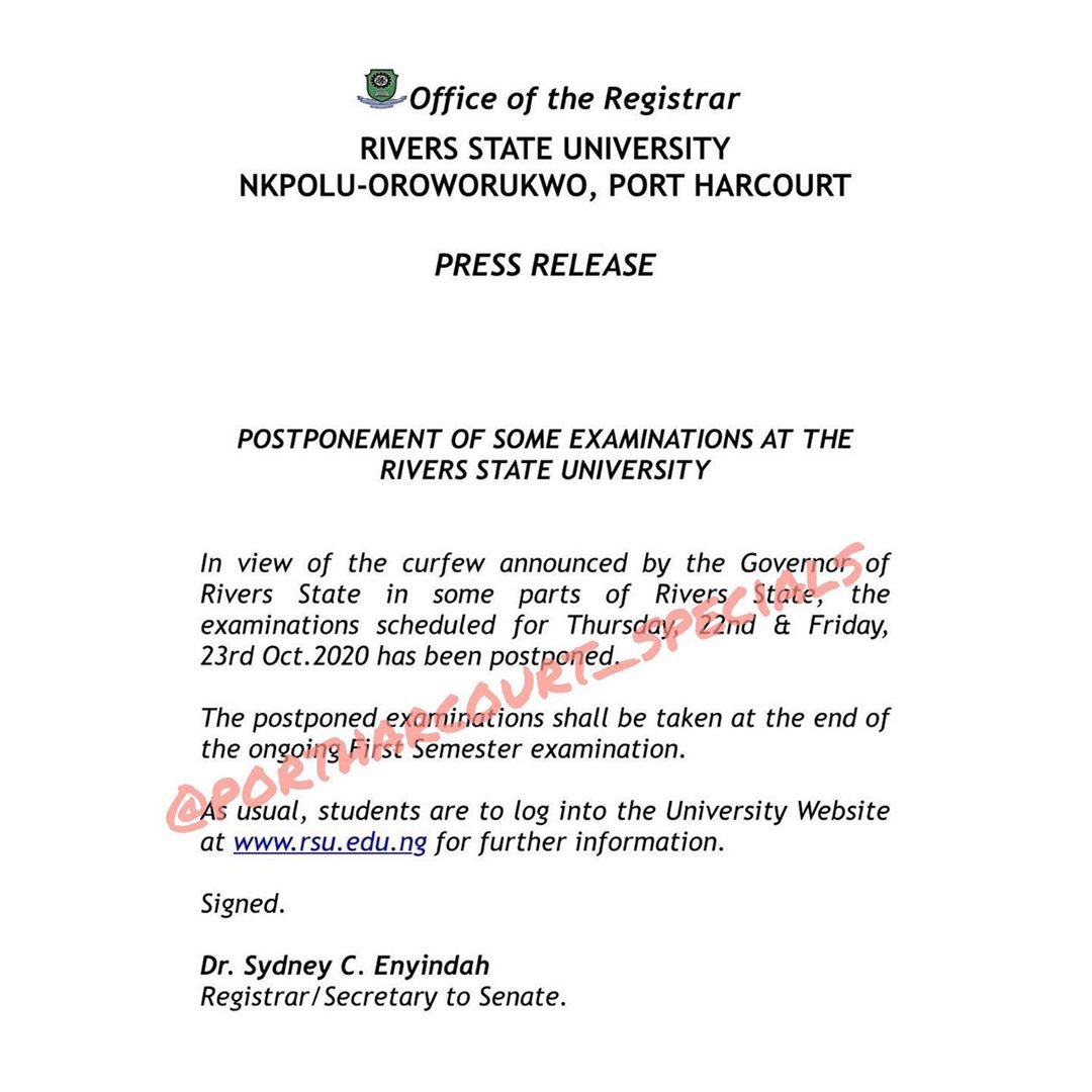 The Rivers State University has suspended its exams till further notice.
_
#portharcourtspecials https://t.co/MlyEX8AzFF