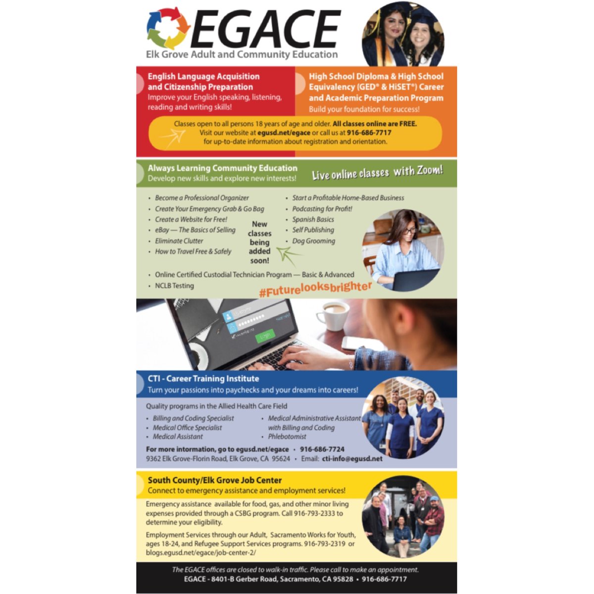 CapitalAdultEdu's tweet photo. Check out Elk Grove Adult and Community Education's newest postcard reaching their community. #futurelooksbrighter #adulted #adultedu #k12adultedmatters #strongworkforce #caerc @ElkGroveChamber https://t.co/RuxA1v1lEq