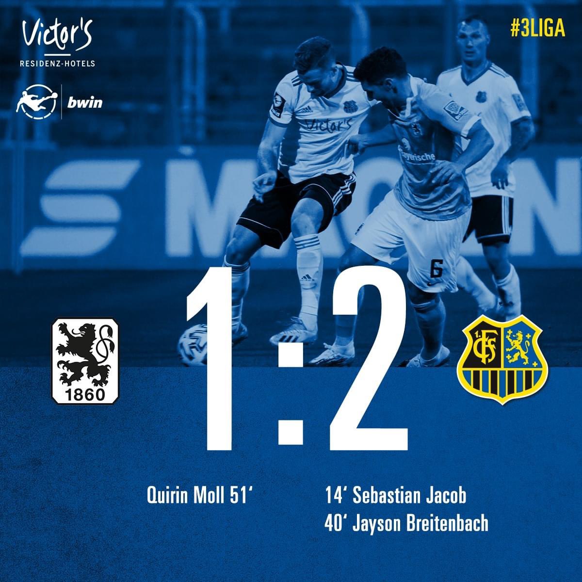 Eine Abwehrschlacht geht zu Ende: Der #FCS siegt nach den Treffern von #Jacob und #Breitenbach mit 2:1 beim <a href="/TSV1860/">www.tsv1860.de</a>! 🔵⚫️⚽️