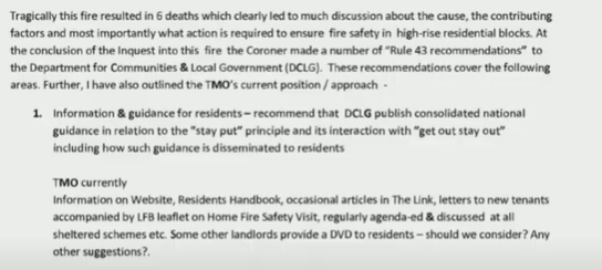 So basically, PM was shown minutes of an operations committee meeting on 2 May 2013, where the findings of the recently concluded Lakanal House inquest were discussed. Shows TMO were aware of a number issues, including questions about stay put and sprinklers: