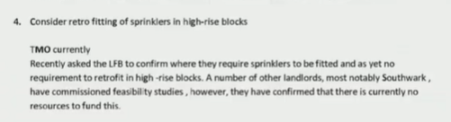 So basically, PM was shown minutes of an operations committee meeting on 2 May 2013, where the findings of the recently concluded Lakanal House inquest were discussed. Shows TMO were aware of a number issues, including questions about stay put and sprinklers: