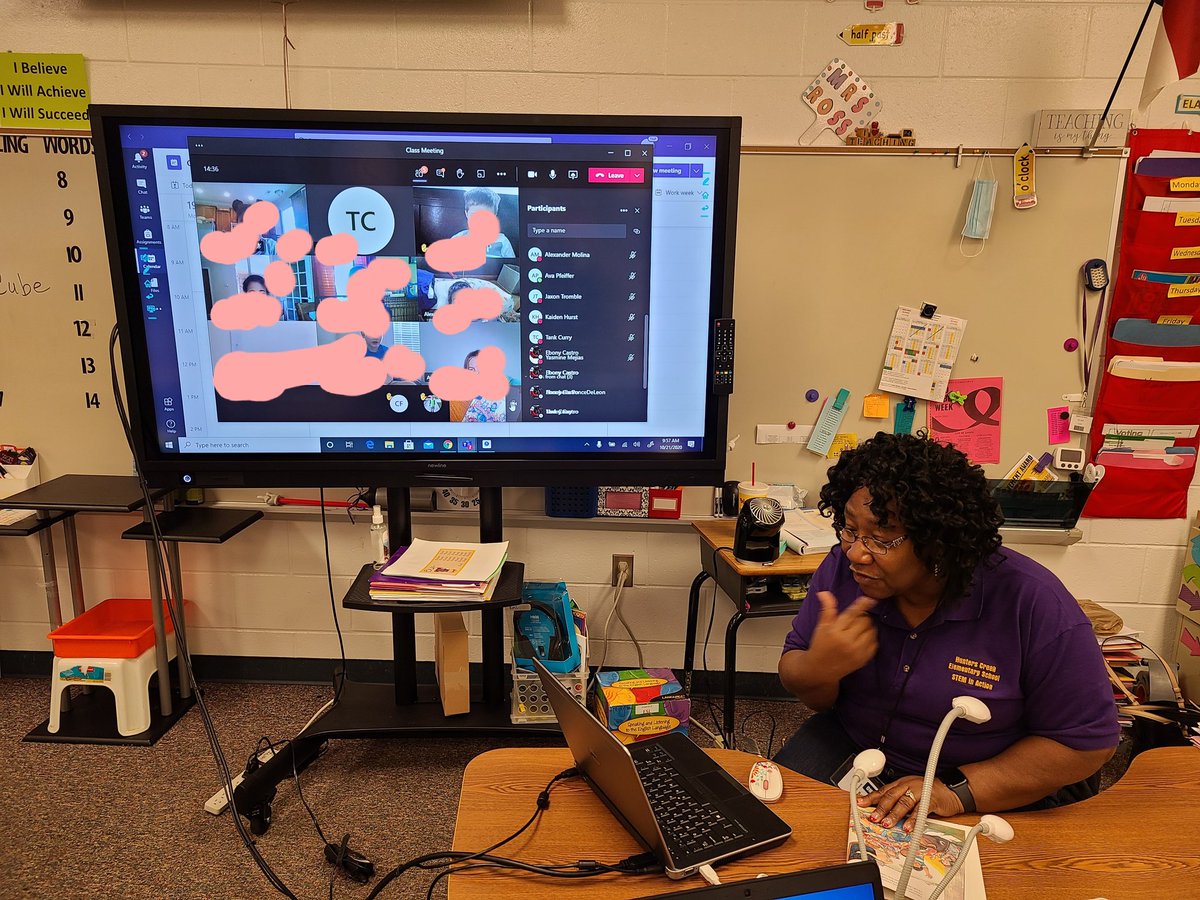 Ms Ross rocking it out in her <a href="/MicrosoftTeams/">Microsoft Teams</a>  meeting today. Switch between her doc camera and computer camera with ease for her read aloud. Loving the spotlight feature in teams to be the center of attention! #onslowdlt