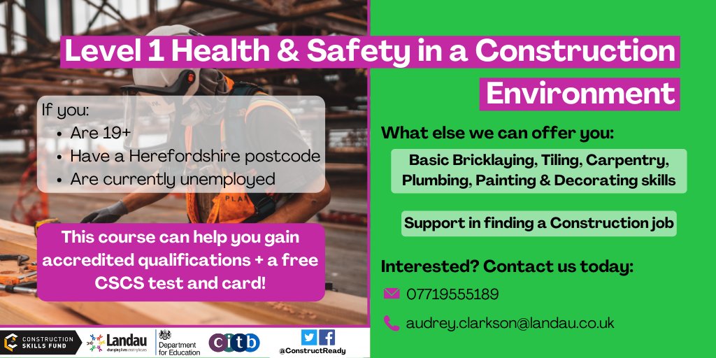 landaulimited's tweet photo. Want to work in construction?

We offer fully funded CSCS training courses for you to attain your free CSCS card!

The next course will run from the 26th October to 6th November.

Find out more at:
📧audrey.clarkson@landau.co.uk
📞07719555189

#cscscard #construction #Hereford https://t.co/jcXDMA3eSD
