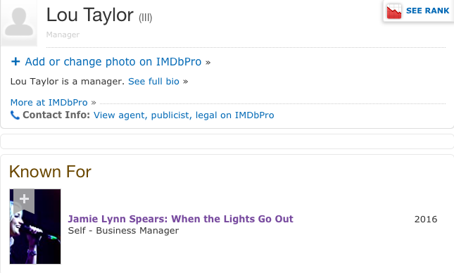 In 2016, Jamie Lynn released a documentary called "When the Lights Go Out" and guess who uploaded it to IMBD? Lou Taylor, the mastermind of Britney's conservatorship.  #FreeBritney