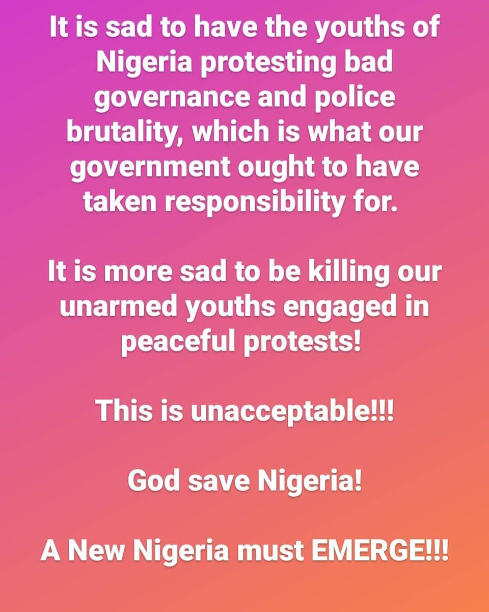 It's sad enough to have the youths of Nigeria protesting bad gov&amp;police brutality, wc is what our government ought to have taken responsibility for

It's more sad to be killing our unarmed youths engaged in peaceful protests! 

A New Nigeria must EMERGE!!! #EndSARSBrutality