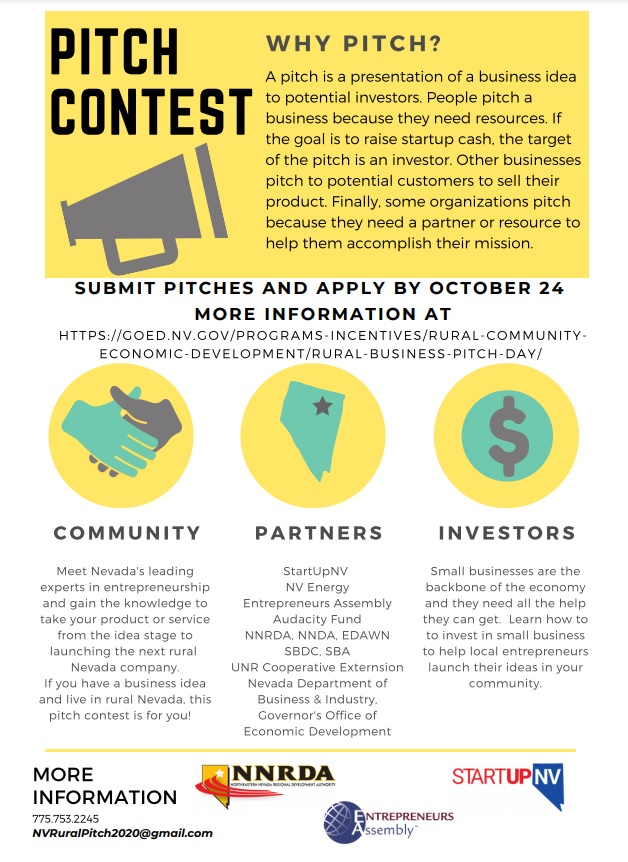 DiversifyNevada's tweet photo. Entries for #RuralNevadaPitchDay are due Saturday, October 24th! If you are a rural #Nevada business and/or have a startup idea, you won’t want to miss this opportunity! Click here for details on the competition and how to enter: https://t.co/CSQpdbel6g. https://t.co/m4aeqNlRTm