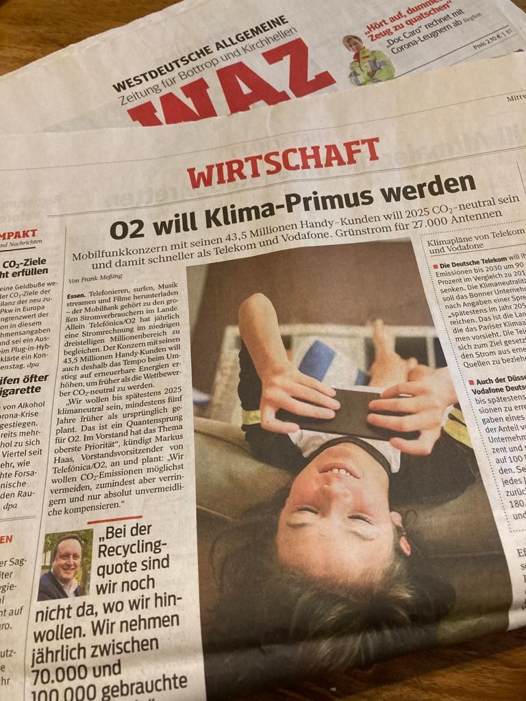 Die <a href="/WAZ_Redaktion/">WAZ</a>
 hält fest: @o2de will spätestens 2025 #klimaneutral sein. Wir freuen uns über den Artikel und die engagierte Mitarbeit unserer Kollegen und Kolleginnen, die auf dem Weg zu Klimaneutralität anpacken. bit.ly/2TdSWBT