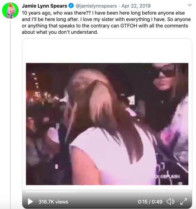 Jamie Lynn responded by posting a video of her sticking up for Britney 12 years earlier, before she was ever put under a conservatorship. Could she not find anything more recent of her standing up for her sister?  #FreeBritney