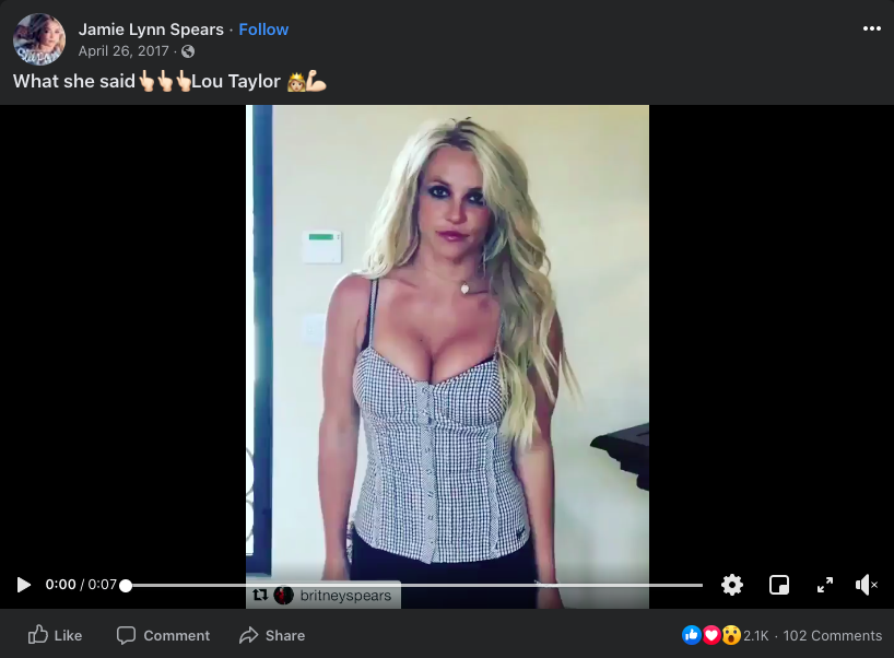 Jamie Lynn reposted that video on Facebook and used it to give a shout out to Lou Taylor.  #FreeBritney