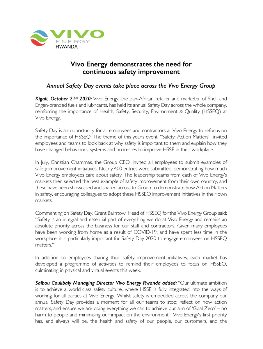 VivoEnergyRw's tweet photo. We are all together in this! Let’s continue fighting #Covid19 together. Practice all the safety precautions and we shall all get through this in due time. Action indeed matters.
#SafetyDay2020
#SafeNaEngen
#WithUsYouAreNumberOne. https://t.co/1My1jqCnbg