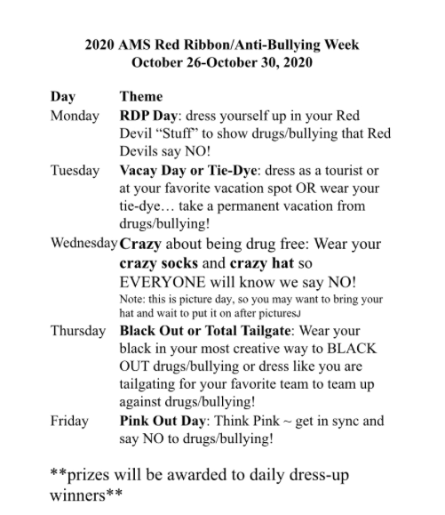 atkins_middle's tweet photo. Red Ribbon Week/Anti-Bullying Week will be October 26-October 30. We will have daily themes to show our support in the fight against drugs and bullying. https://t.co/1ZZoEzqr7P