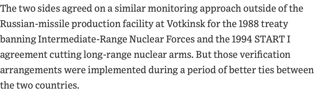 Second, the source ( @USArmsControl, I& #39;d assume) points to the perimeter portal monitoring used in the INF Treaty as a precedent (essentially scanning everything that leaves a facility).While this establishes the *principle* of PPM, it doesn& #39;t establish *practicality*. (3/n)